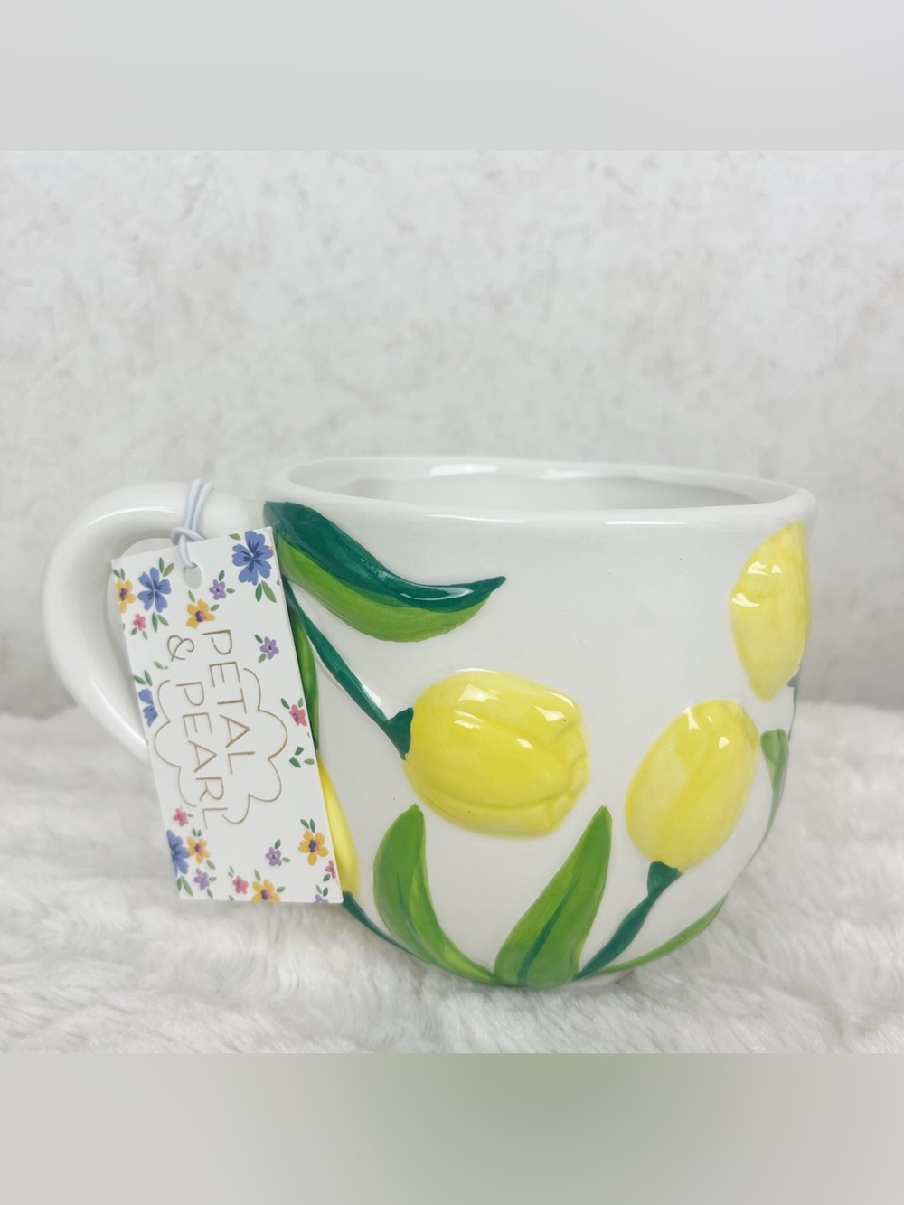 Petal & Pearl Yellow Tulips Hand Painted Mug Spring Floral Cottagecore Whimsical